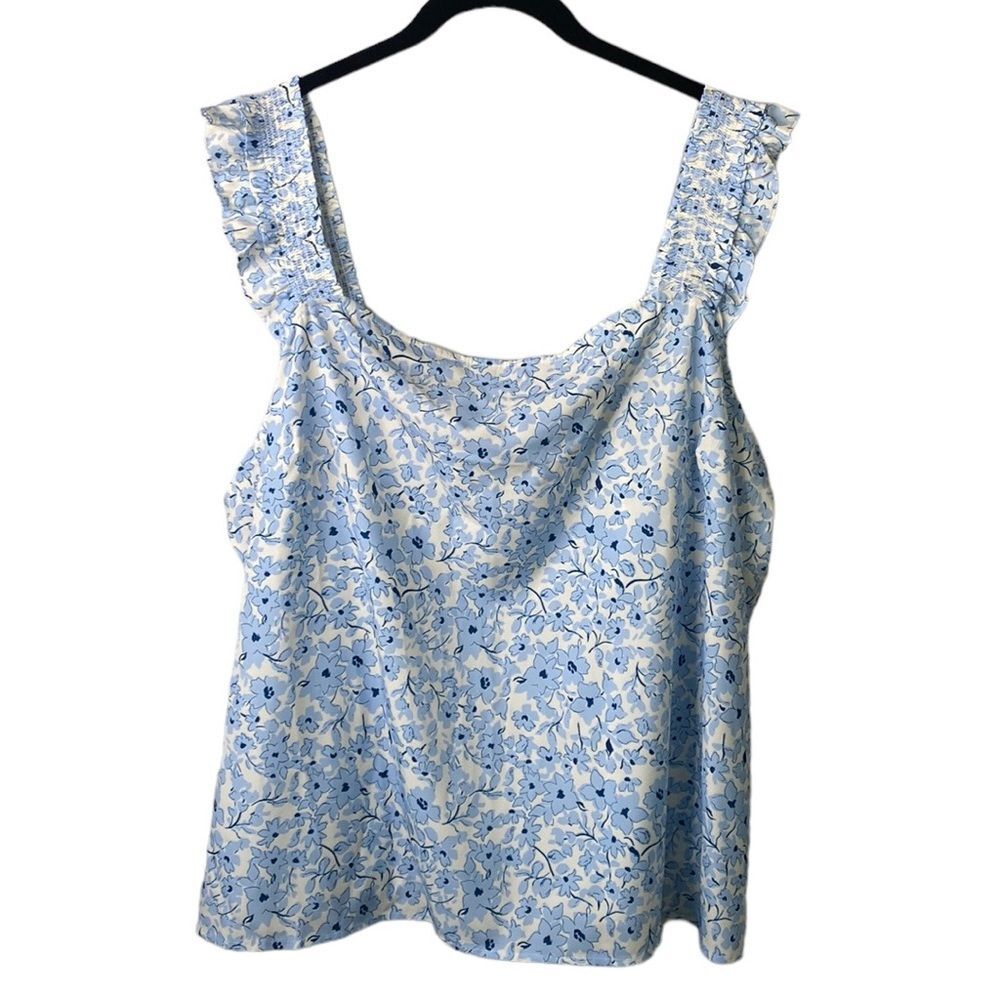 Lush New! Blue Floral Smocked Ruffle Straps Tank Top Sleeveless Plus Size 3X